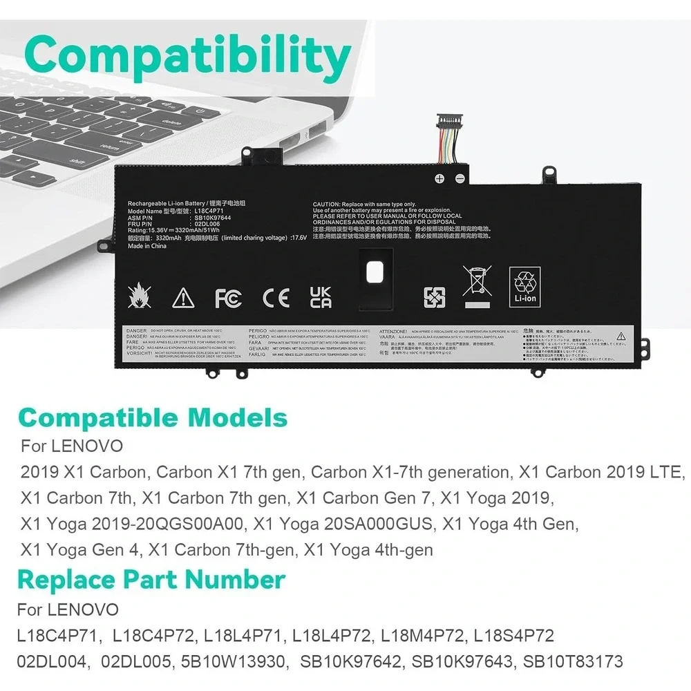 Replacement‎ Battery for Lenovo X1 Carbon 7/8 Gen Yoga 4/5 – L18C4P71 L18M4P72